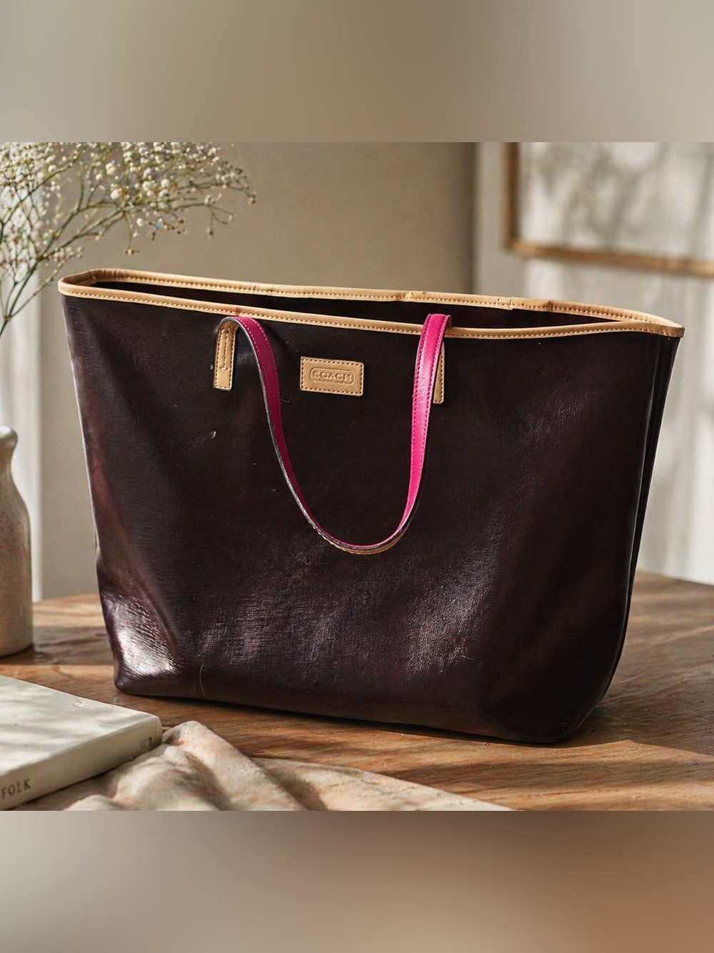“Coach Large Leather Tote Bag Pink Handles Authentic”